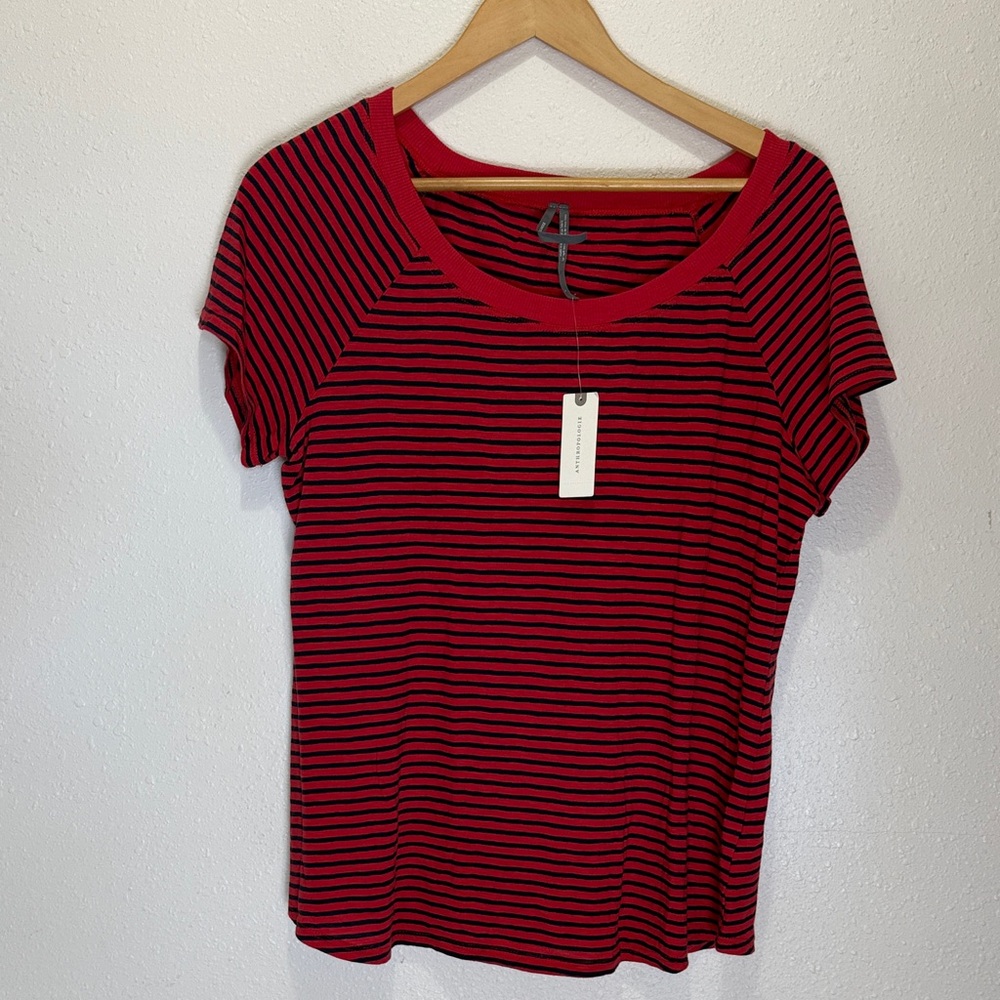 Anthropologie Red and Black Striped Short Sleeve Tee - Scoop Neck